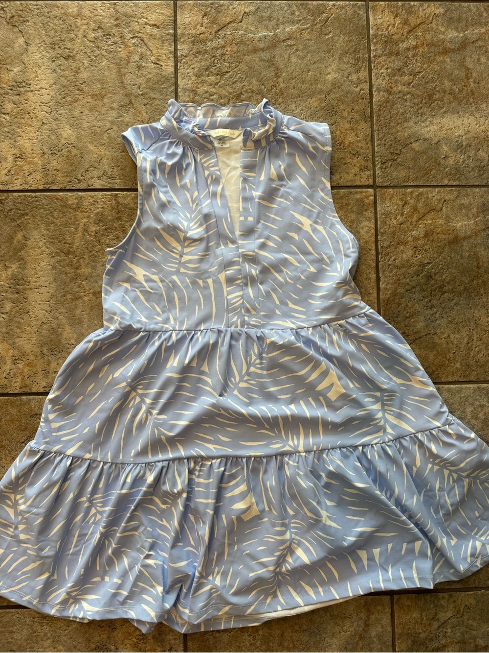 MAHI GOLD Pale Blue & White Sleeveless Ruffled Tiered Mini Dress